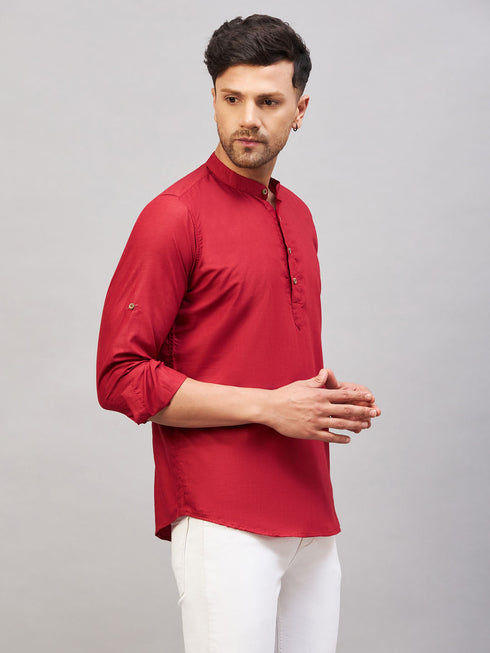 Vastramay Men's Maroon Short Cotton Kurta