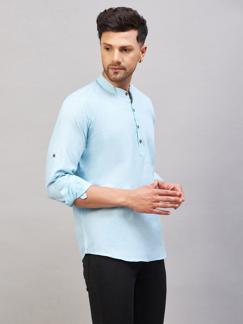Vastramay Men's Aqua Short Cotton Kurta