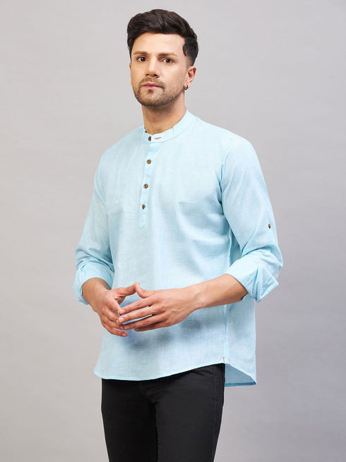 Vastramay Men's Aqua Short Cotton Kurta