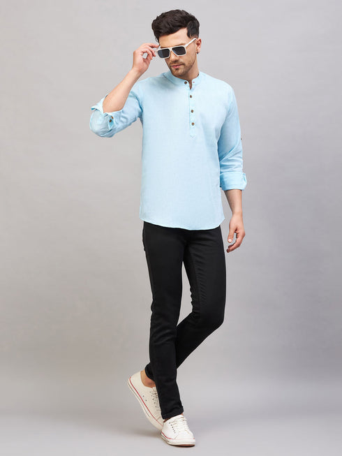 Vastramay Men's Aqua Short Cotton Kurta
