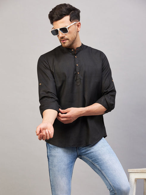 Vastramay Men's Black Short Cotton Kurta