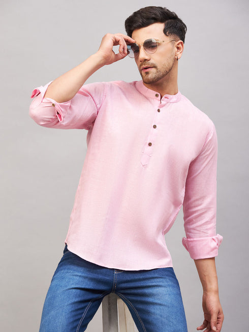 Vastramay Men's Pink Short Cotton Kurta