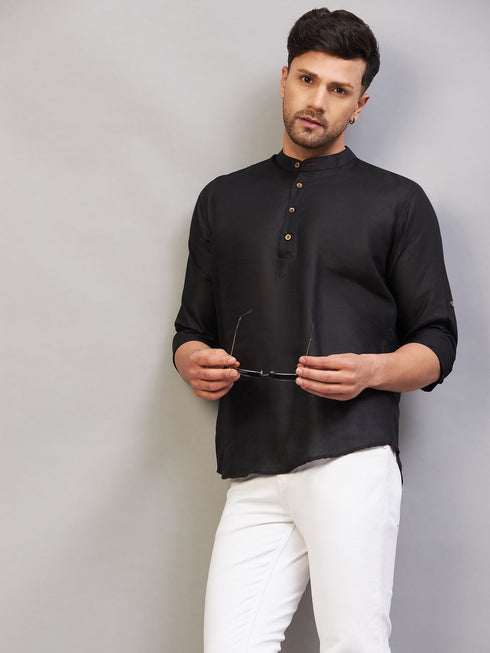 Vastramay Men's Black Short Cotton Kurta