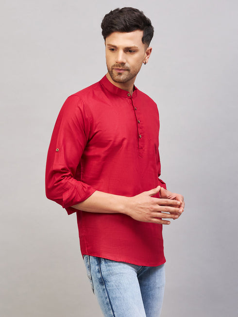 Vastramay Men's Maroon Short Cotton Kurta