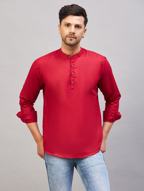 Vastramay Men's Maroon Short Cotton Kurta