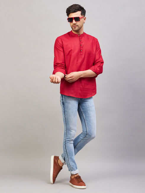 Vastramay Men's Maroon Short Cotton Kurta