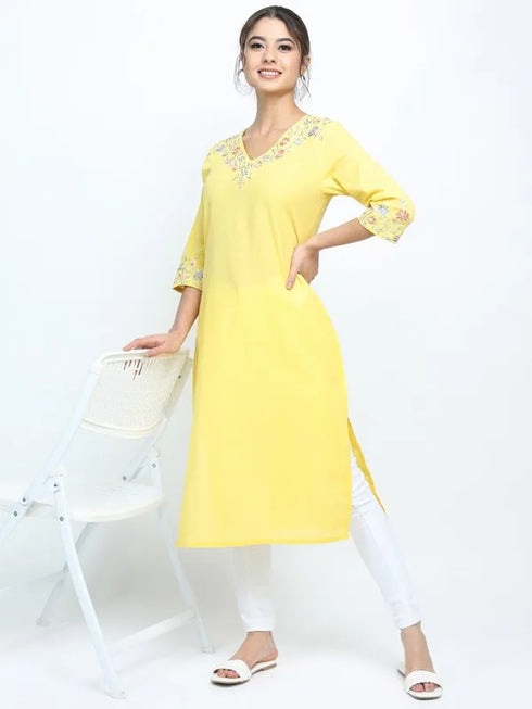 Vasthrlay Yellow Printed Straight Kurtas