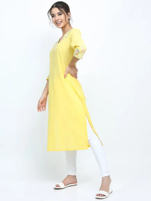 Vasthrlay Yellow Printed Straight Kurtas