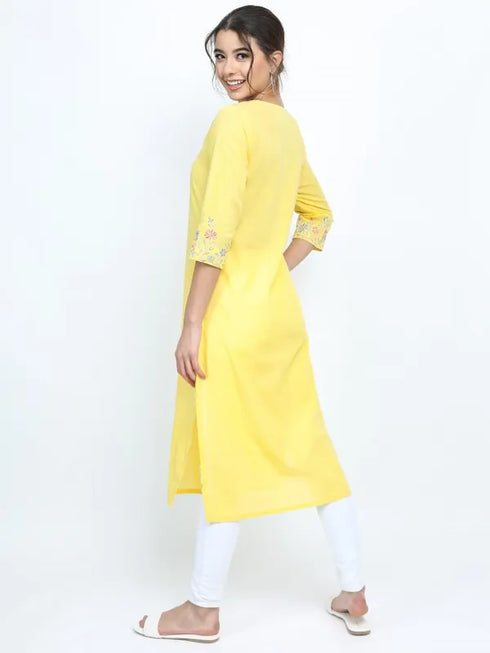 Vasthrlay Yellow Printed Straight Kurtas