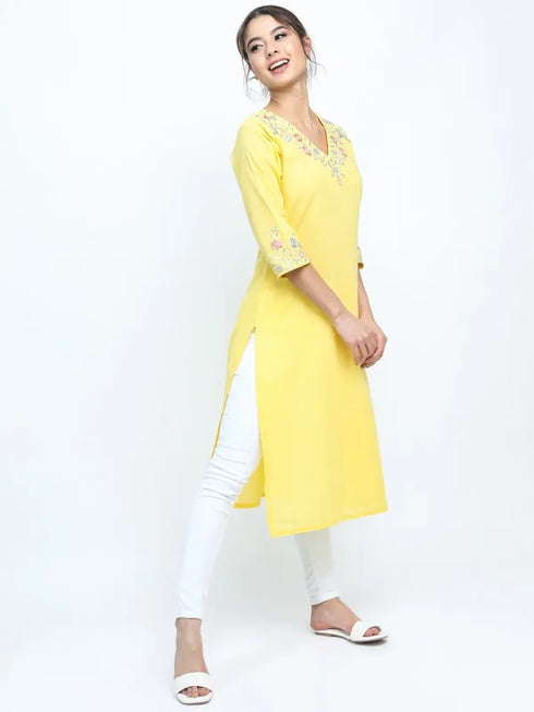 Vasthrlay Yellow Printed Straight Kurtas