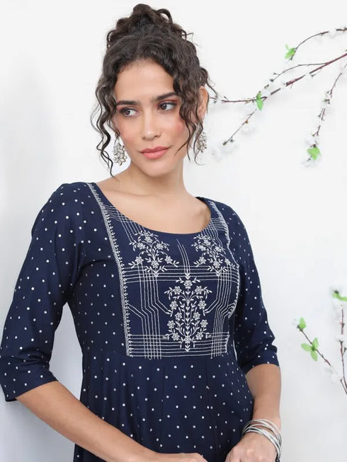 Vasthrlay Navy Blue Printed A-Line Kurtas