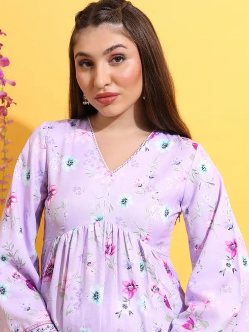Vasthrlay Lavender Printed A-Line Kurtas