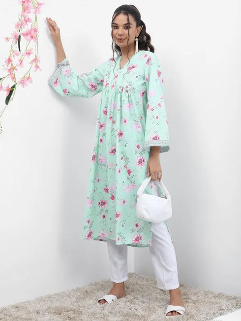 Vasthrlay Blue Printed A-Line Kurtas