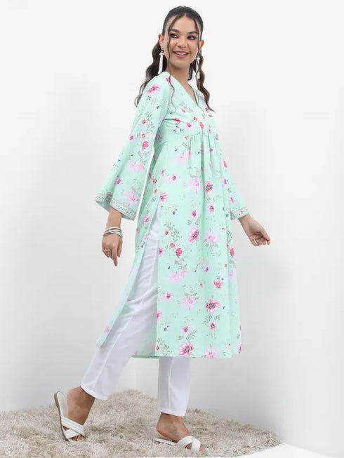 Vasthrlay Blue Printed A-Line Kurtas