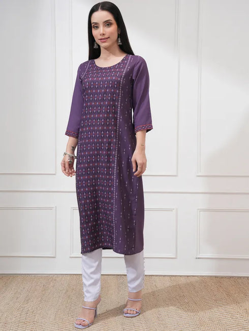 Vasthrlay Purple Printed Straight Kurtas