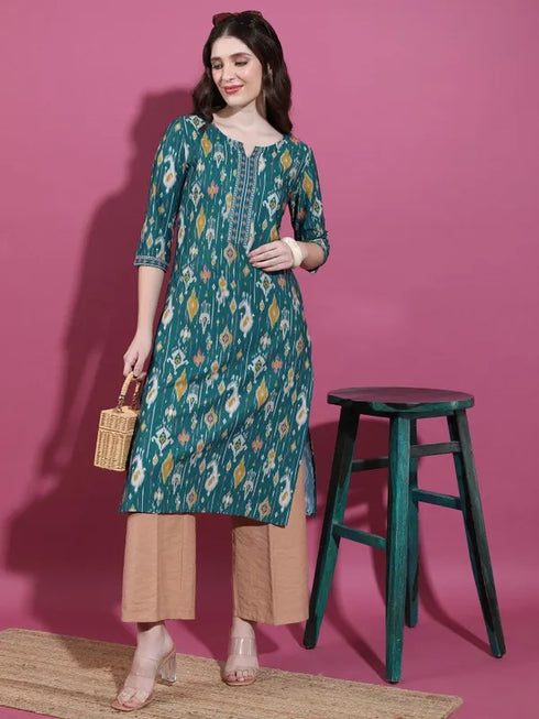 Vasthrlay Women Green Printed Straight Kurtas