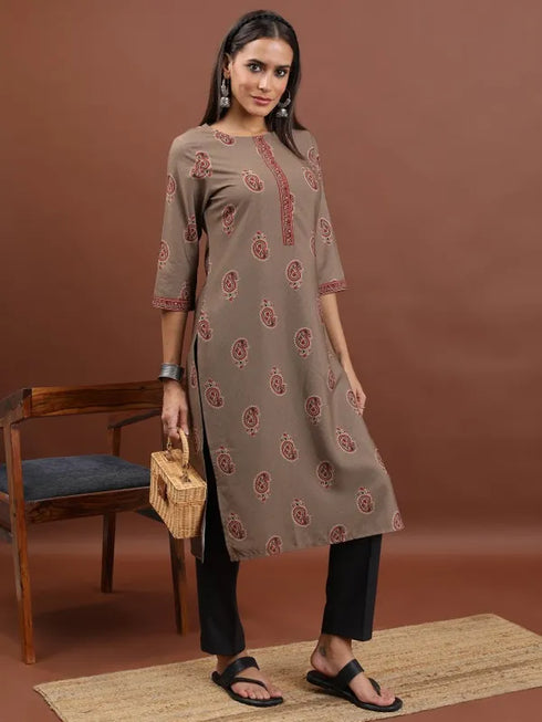 Vasthrlay Women Beige Printed Straight Kurtas
