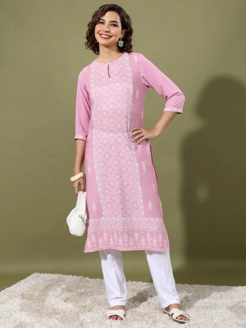 Vasthrlay Women Pink Printed Straight Kurtas