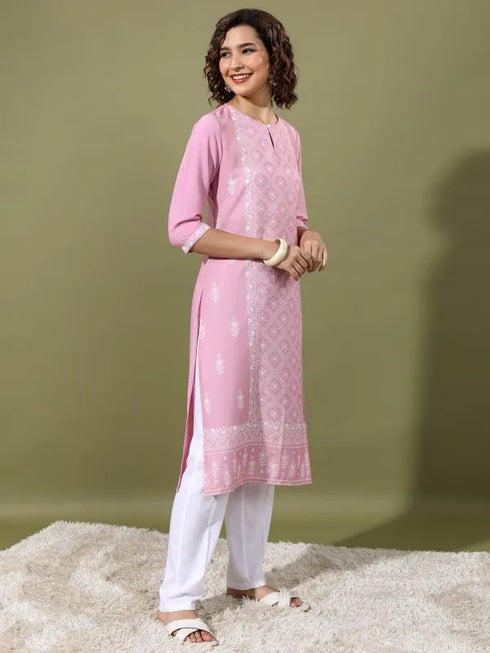 Vasthrlay Women Pink Printed Straight Kurtas