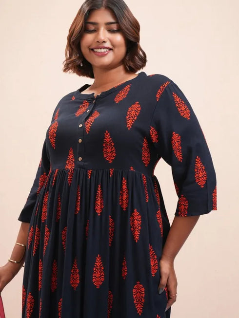 Vasthrlay Women Navy Plus Size Printed A-Line Kurta