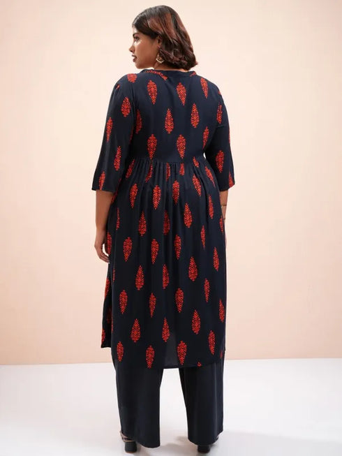 Vasthrlay Women Navy Plus Size Printed A-Line Kurta