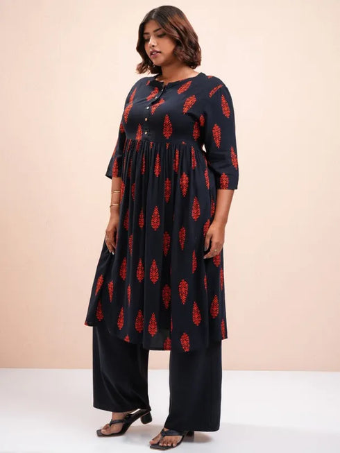 Vasthrlay Women Navy Plus Size Printed A-Line Kurta