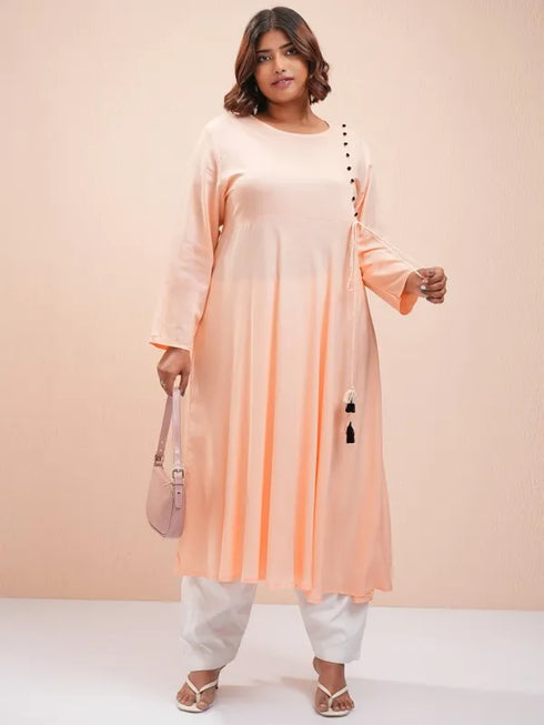 Vasthrlay Women Peach Printed A-Line Kurta