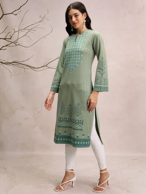 Vasthrlay Women Green Printed Straight Kurtas