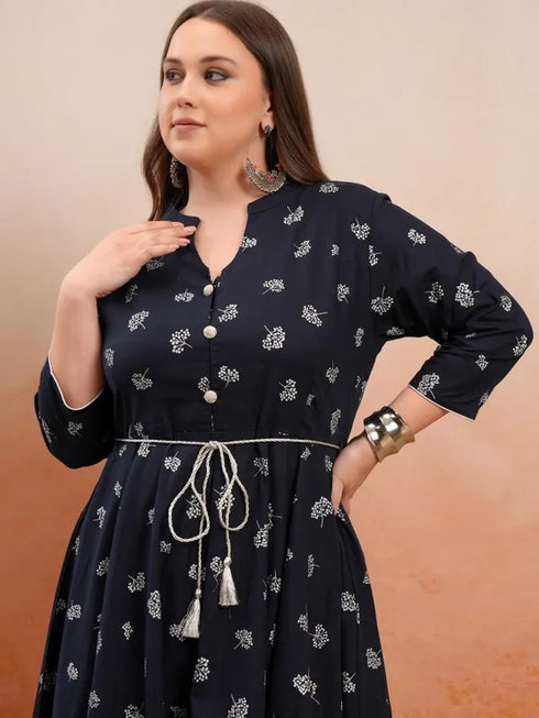 Vasthrlay Navy Plus Size Printed A Line Kurta