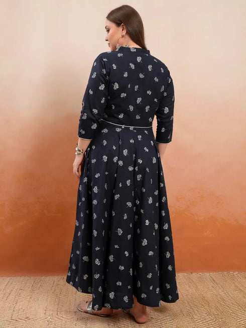 Vasthrlay Navy Plus Size Printed A Line Kurta
