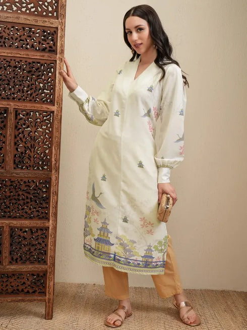 Vasthrlay Cream Printed Straight Kurta