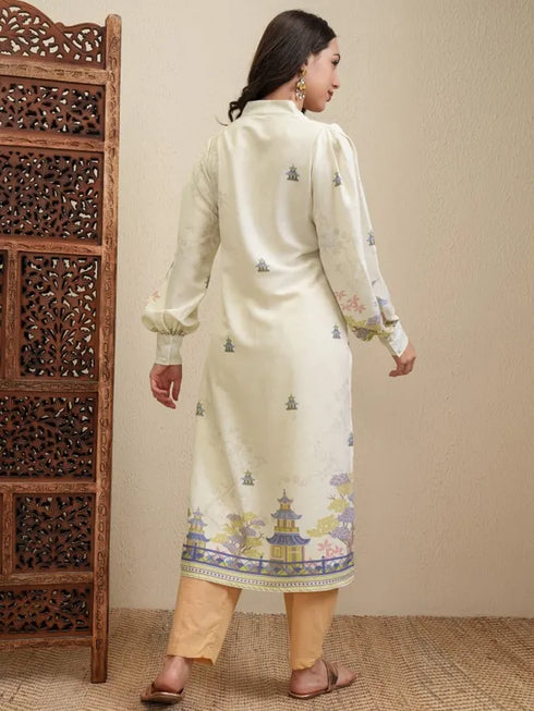 Vasthrlay Cream Printed Straight Kurta