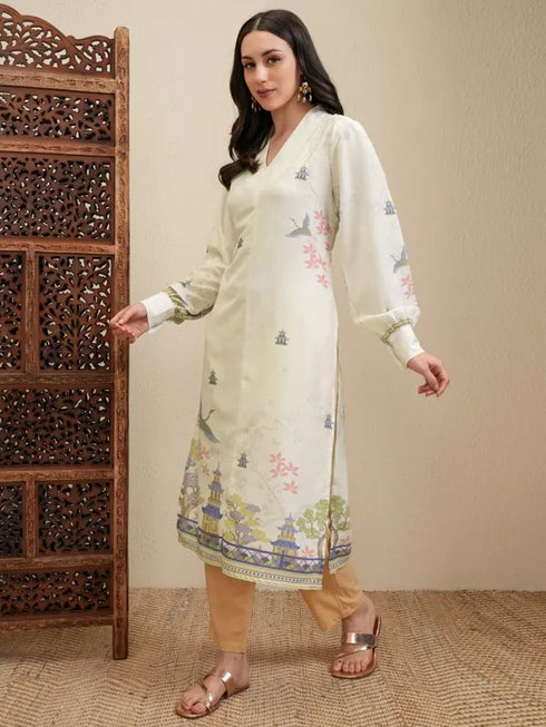 Vasthrlay Cream Printed Straight Kurta