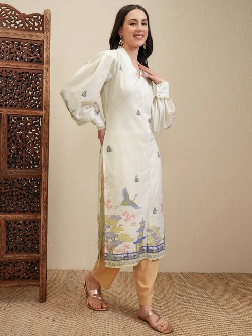 Vasthrlay Cream Printed Straight Kurta