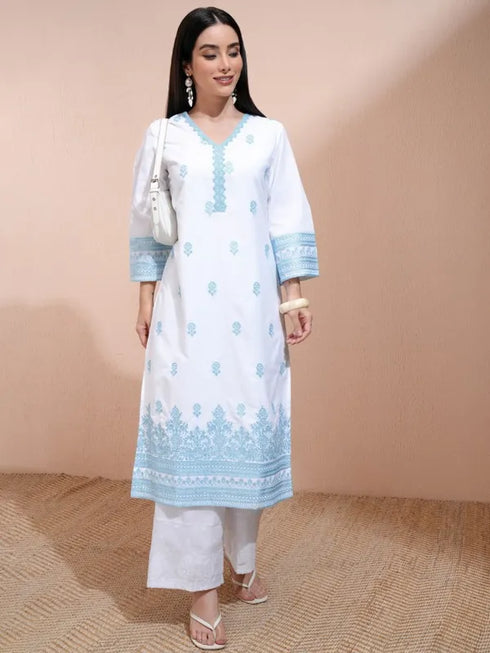 Vasthrlay White Printed Straight Kurta