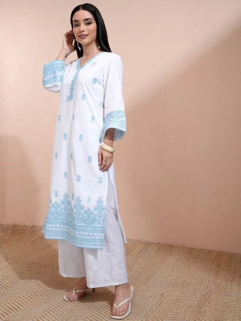 Vasthrlay White Printed Straight Kurta
