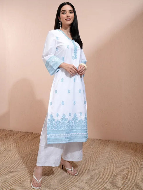 Vasthrlay White Printed Straight Kurta