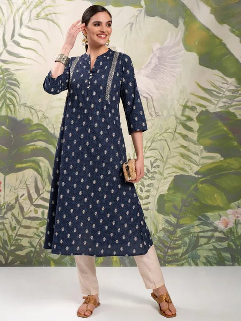 Vasthrlay Women Navy Blue Printed A-Line Kurta