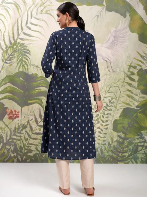 Vasthrlay Women Navy Blue Printed A-Line Kurta