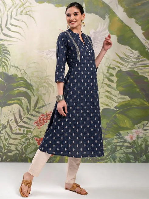 Vasthrlay Women Navy Blue Printed A-Line Kurta
