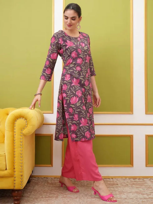 Vasthrlay Brown Printed Straight Kurtas