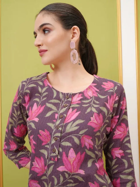 Vasthrlay Brown Printed Straight Kurtas