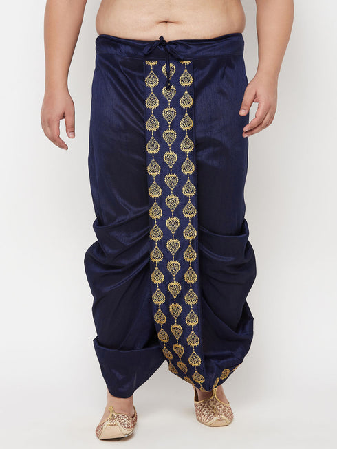 Vastramay Men's Plus Size Navy Blue Cotton Blend Embroidered Traditional Dhoti
