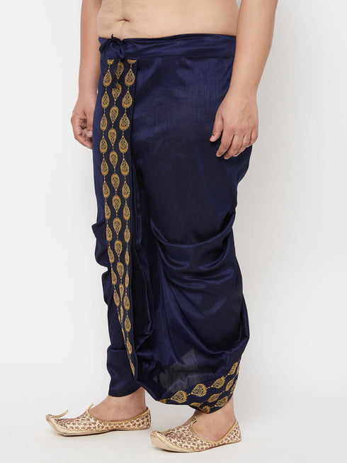Vastramay Men's Plus Size Navy Blue Cotton Blend Embroidered Traditional Dhoti