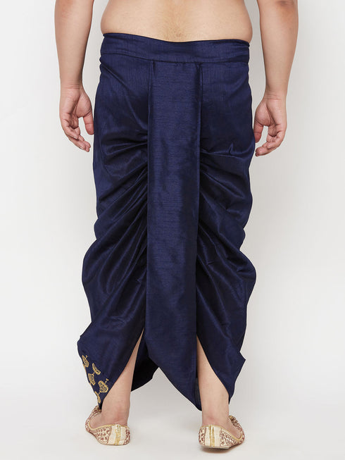 Vastramay Men's Plus Size Navy Blue Cotton Blend Embroidered Traditional Dhoti