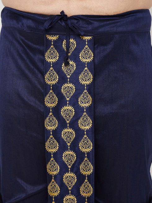 Vastramay Men's Plus Size Navy Blue Cotton Blend Embroidered Traditional Dhoti
