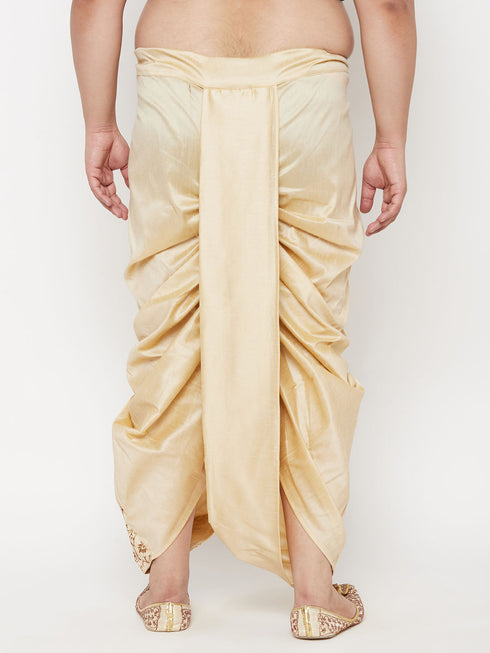 Vastramay Men's Plus Size Gold Cotton Blend Embroidered Traditional Dhoti