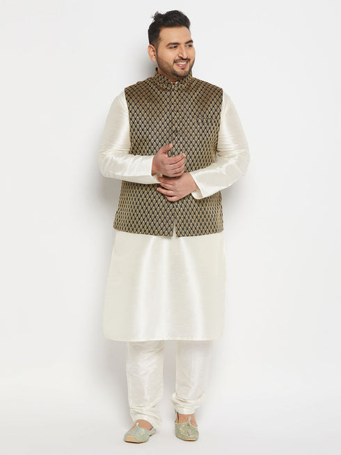 Vastramay Men's Plus Size Black Ethnic Jacket With Cream Silk Blend Kurta and Pant Style Pyjama Set