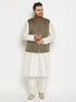 Vastramay Men's Plus Size Black Ethnic Jacket With Cream Silk Blend Kurta and Pant Style Pyjama Set