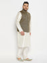 Vastramay Men's Plus Size Black Ethnic Jacket With Cream Silk Blend Kurta and Pant Style Pyjama Set